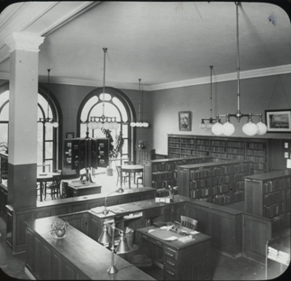 67th Street Branch, first floor interior, circulation room, n.d. (New York Public Library: http://digitalgallery.nypl.org/nypldigital/id?100938)