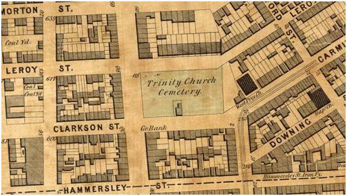 St. John’s Cemetery (identified here as Trinity Church Cemetery) at Hudson, Clarkson, and Leroy Streets, 1852.
